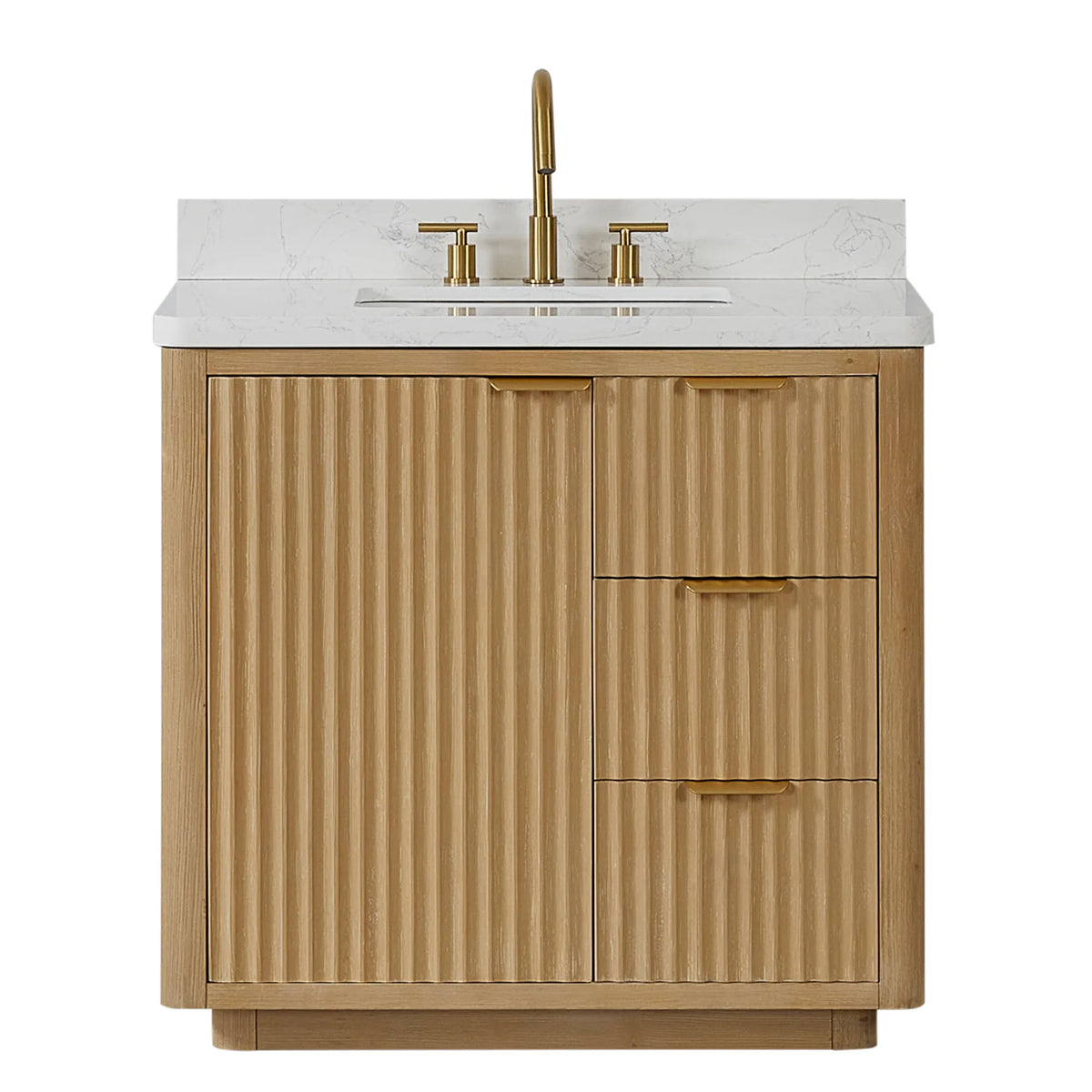 Studio front view of the 36 inch vanity with a displayed faucet on the Lightning White top