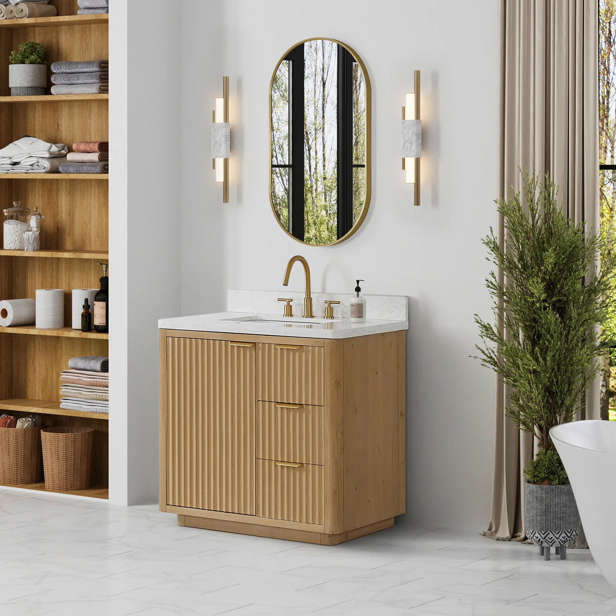Bathroom scene with the 36 inch single vanity next to a bookshelf-style unit and a floor plant