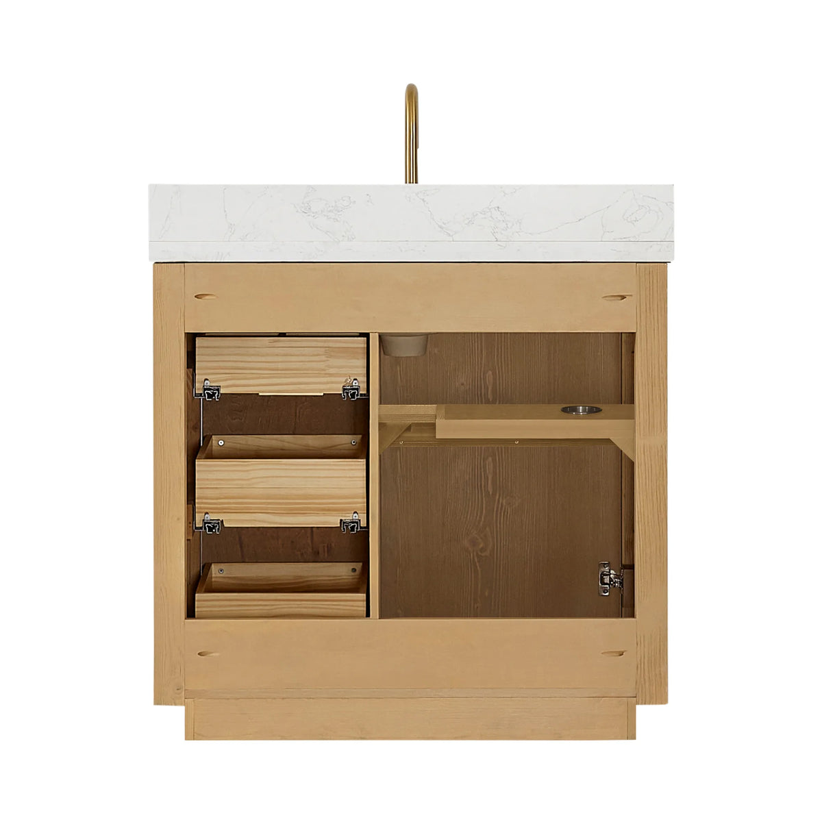 Studio view of the 36 inch vanity with the front opened, a faucet displayed on the top