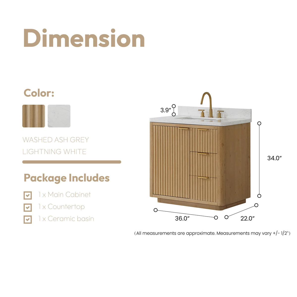 Size diagram for the 36 inch single vanity, 36 inch width, 22 inch depth, 34 inch height