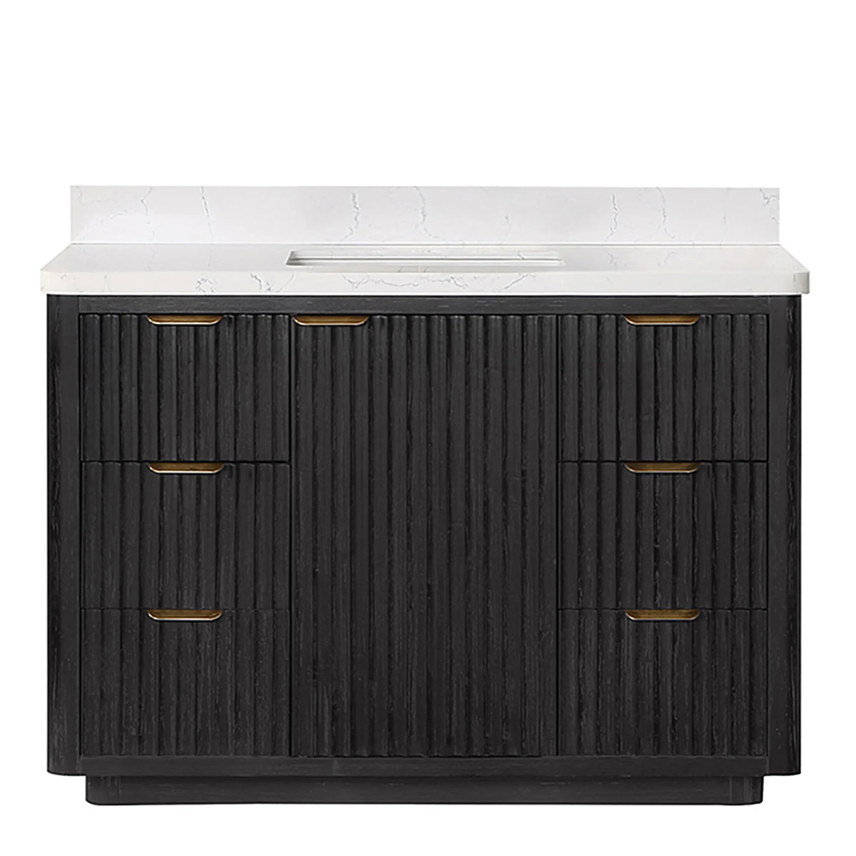 Fir Wood Black 48 inch freestanding single bathroom vanity, backsplash composite top, fluted front with drawers either side