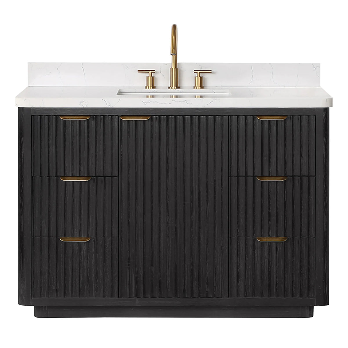Front view on white of the 48 inch vanity with a faucet set shown on the top, faucet sold separately