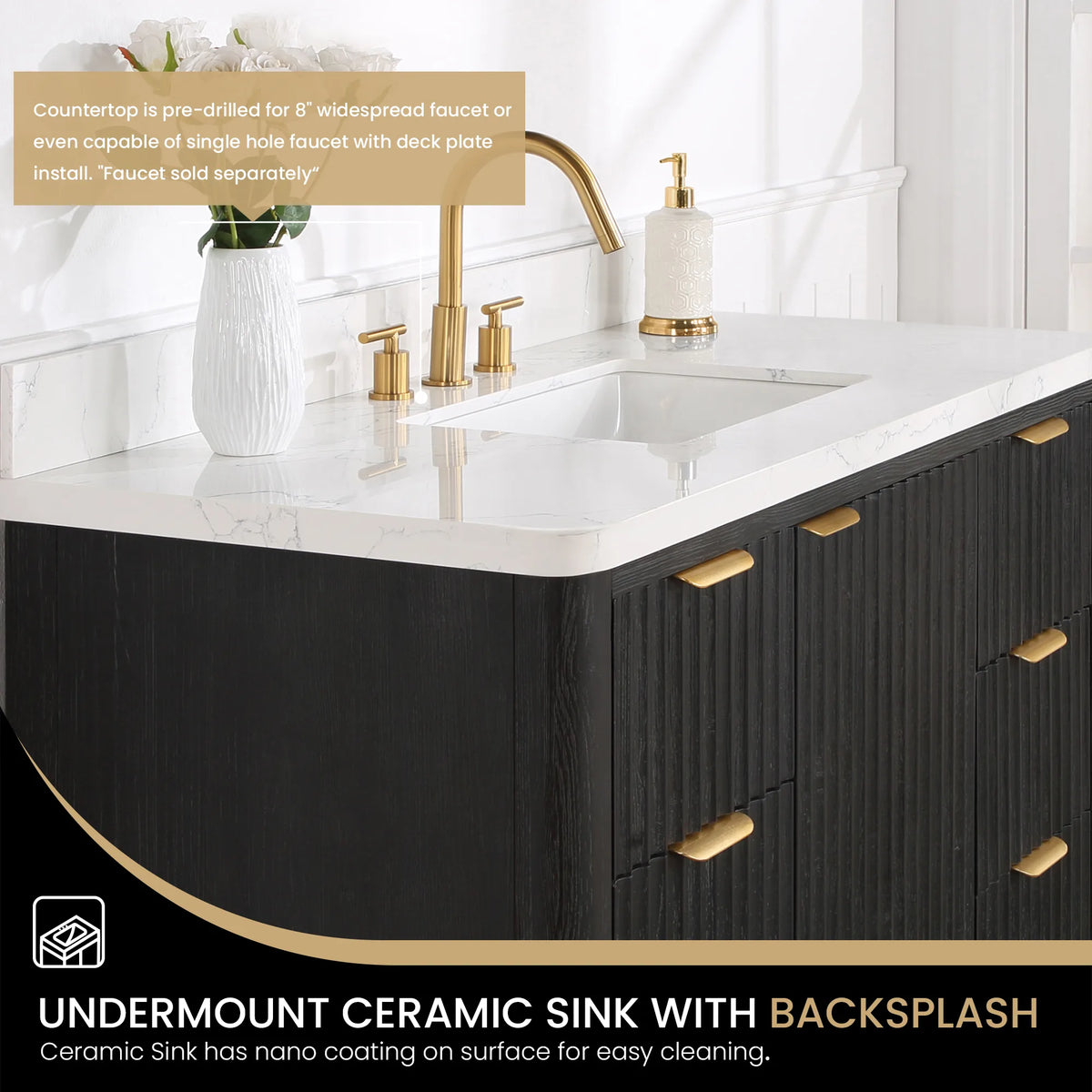Detail: white ceramic undermount sink and backsplash on the composite top of the 48 inch vanity