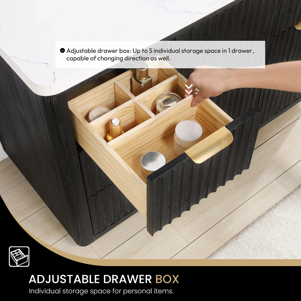 Adjustable drawer box detail: movable dividers create individual storage spaces in one drawer