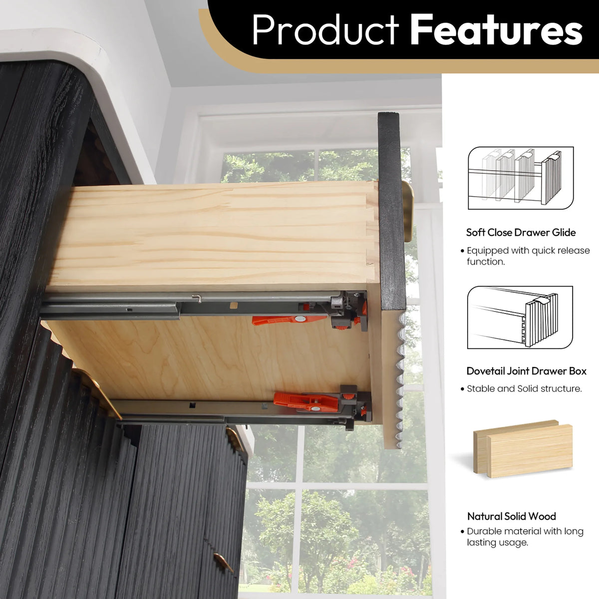 Feature callout on a pulled-out drawer: quick-release soft-close glide, dovetail joint box, wood