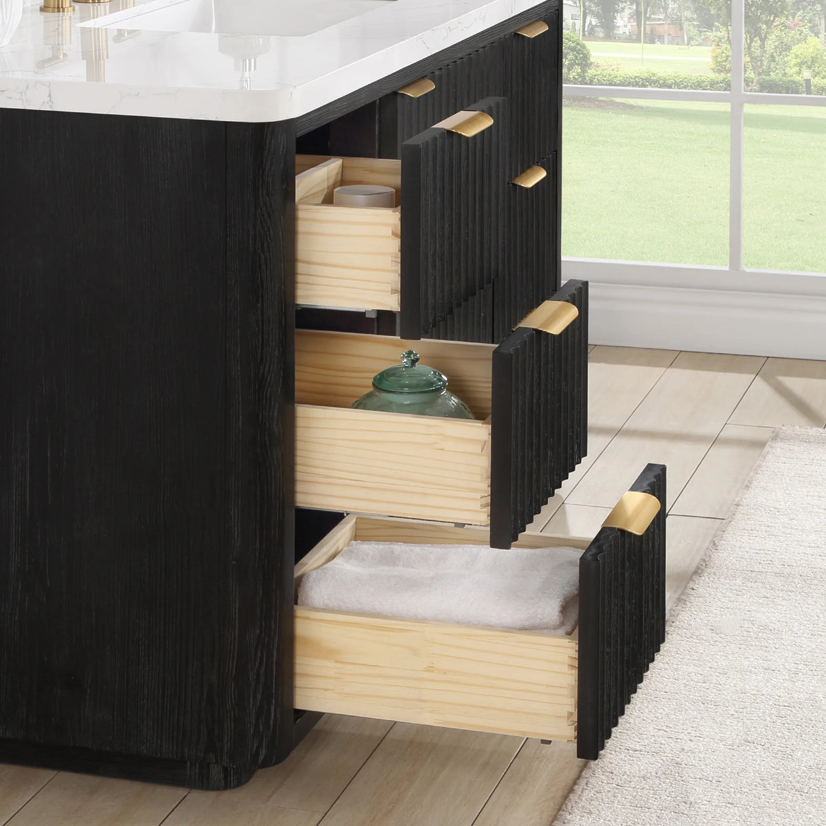 Side angle on the open drawers of the 48 inch Fir Wood Black vanity, showing the wooden drawer boxes