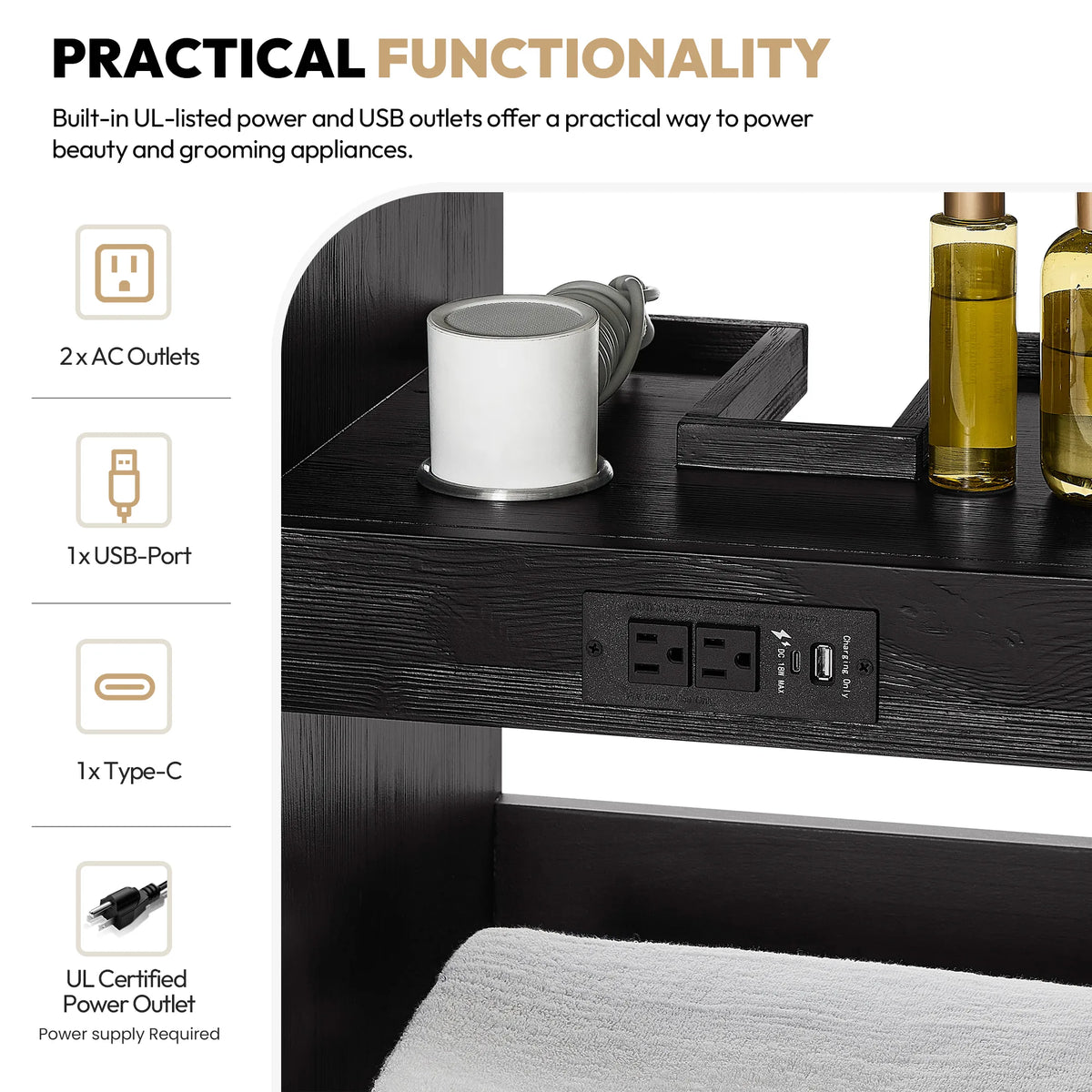 Practical functionality callout: built-in UL-listed power and USB outlets on a vanity shelf