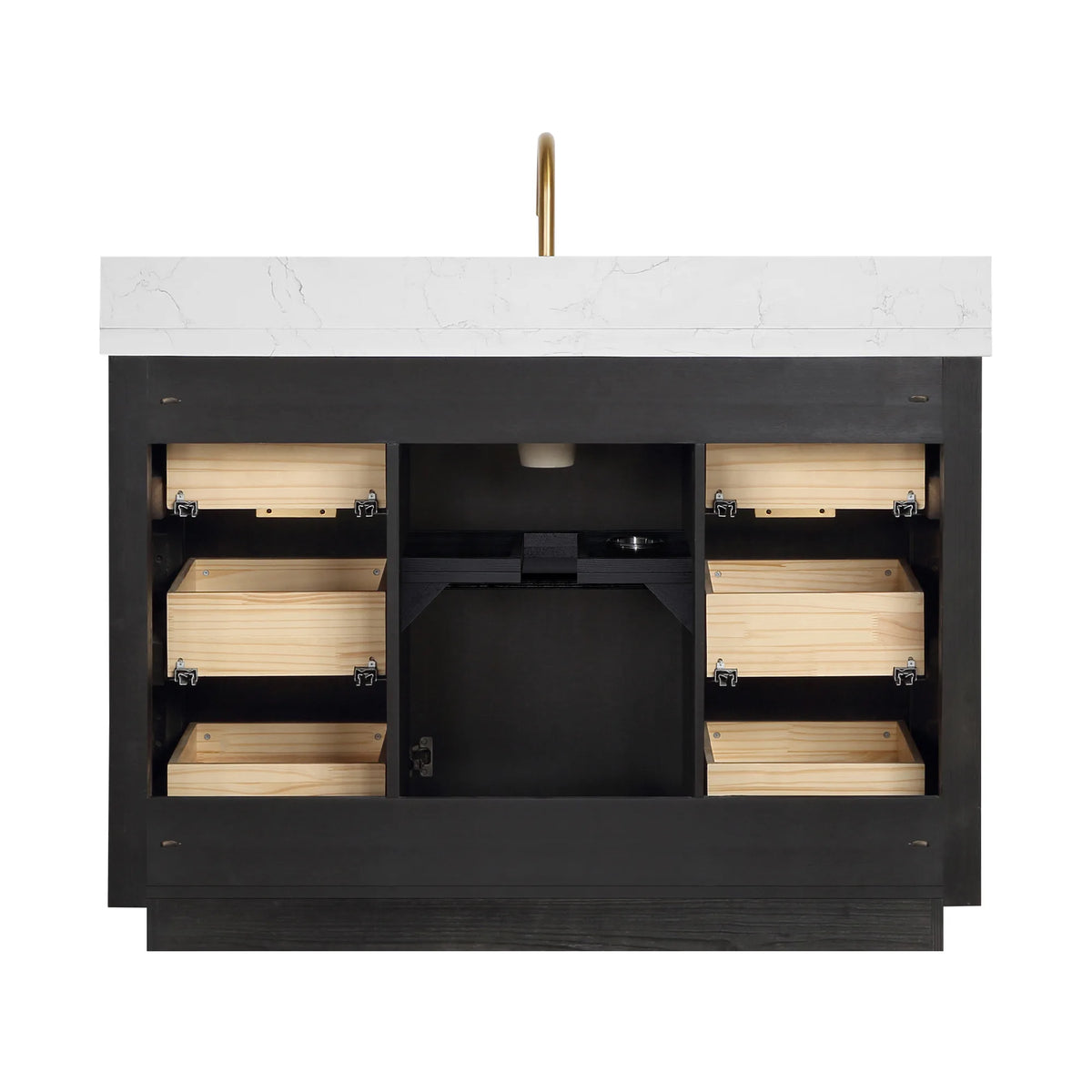 Studio view of the 48 inch vanity cabinet opened up: drawer boxes at each side and open space between