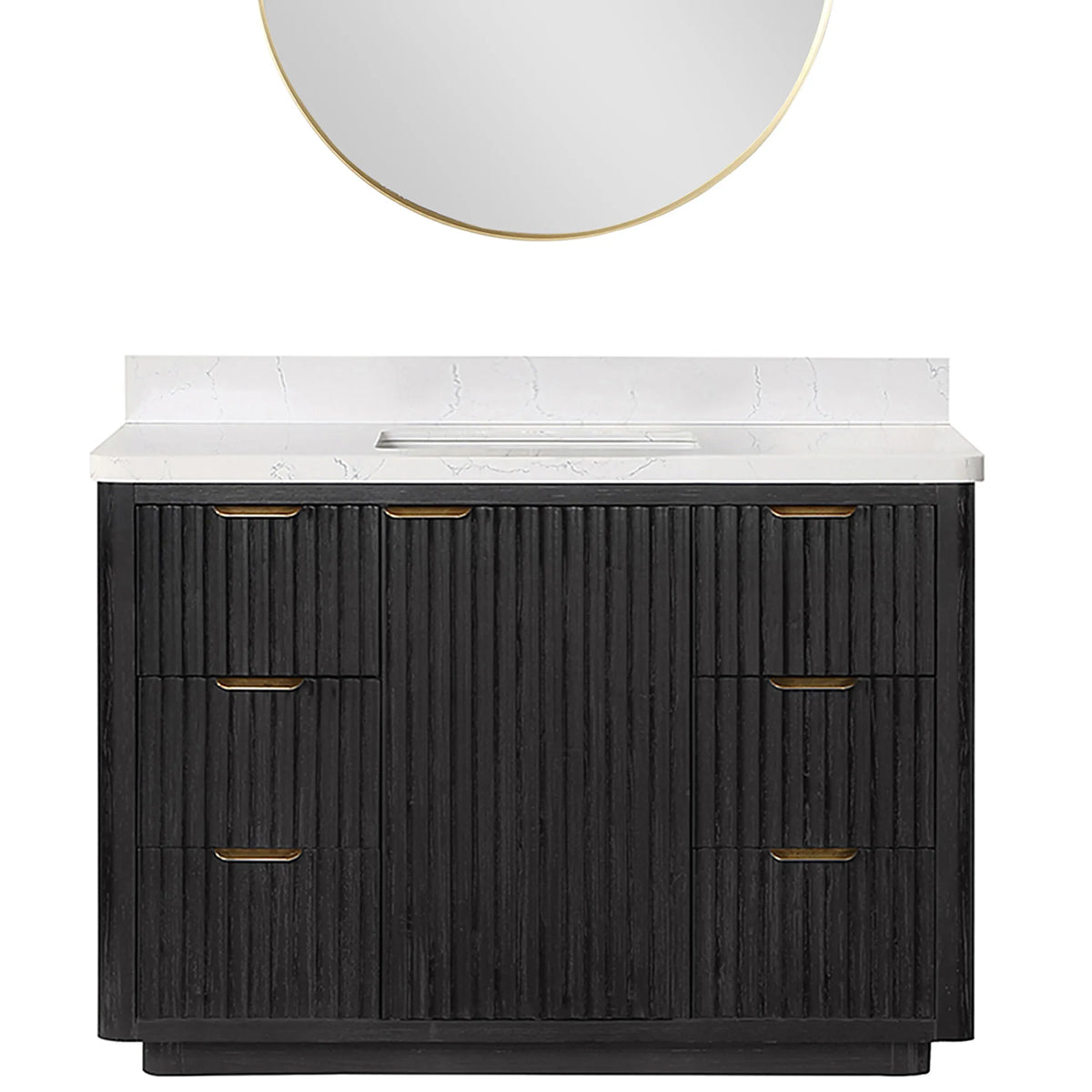 Single 48 inch vanity paired with a circular aluminum-framed mirror, studio view with the top of the mirror cropped