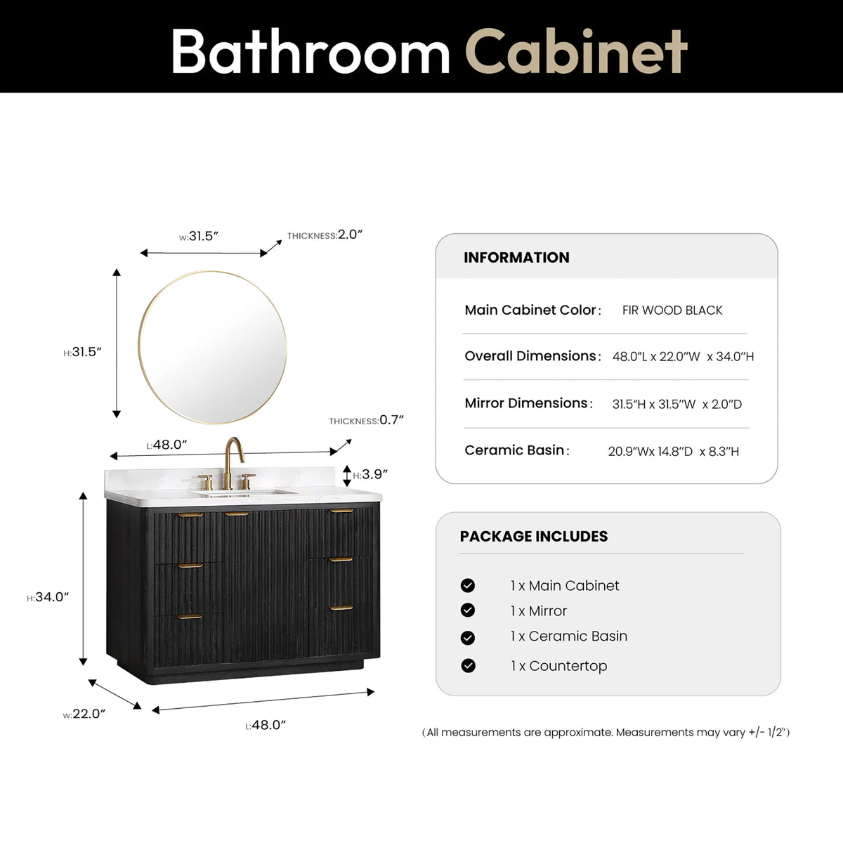 Layout showing a circular mirror over the 48 inch vanity, vanity 48 by 22 by 34 inches