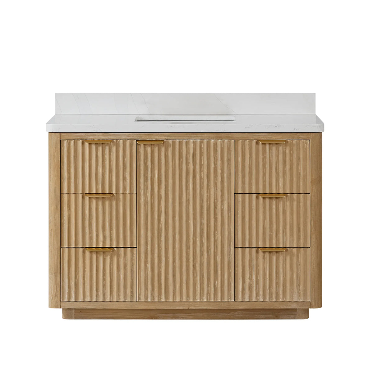 Freestanding Washed Ash Grey 48 inch single bathroom vanity with a Lightning White composite top and backsplash