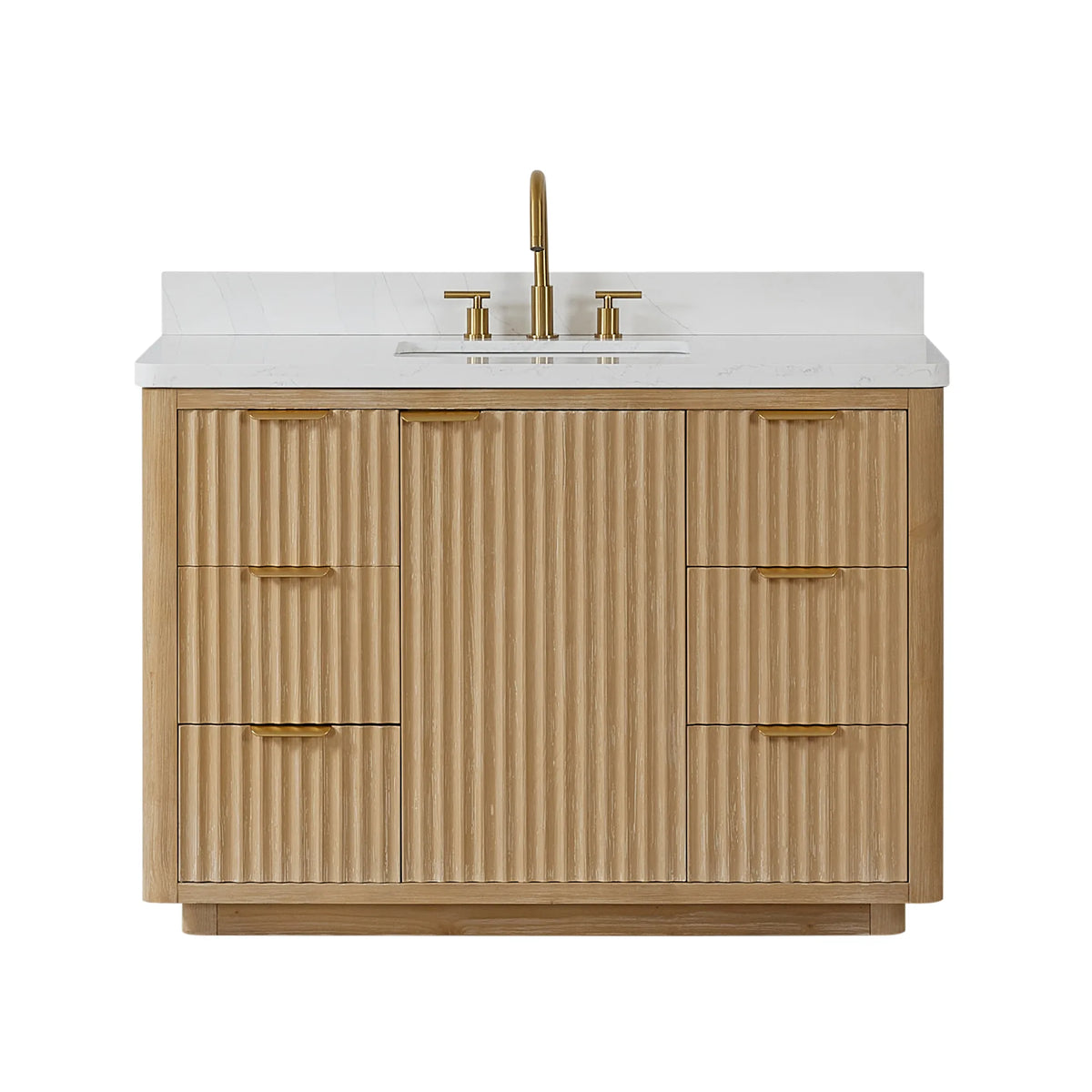 Studio front view of the 48 inch vanity with a displayed faucet on the Lightning White top