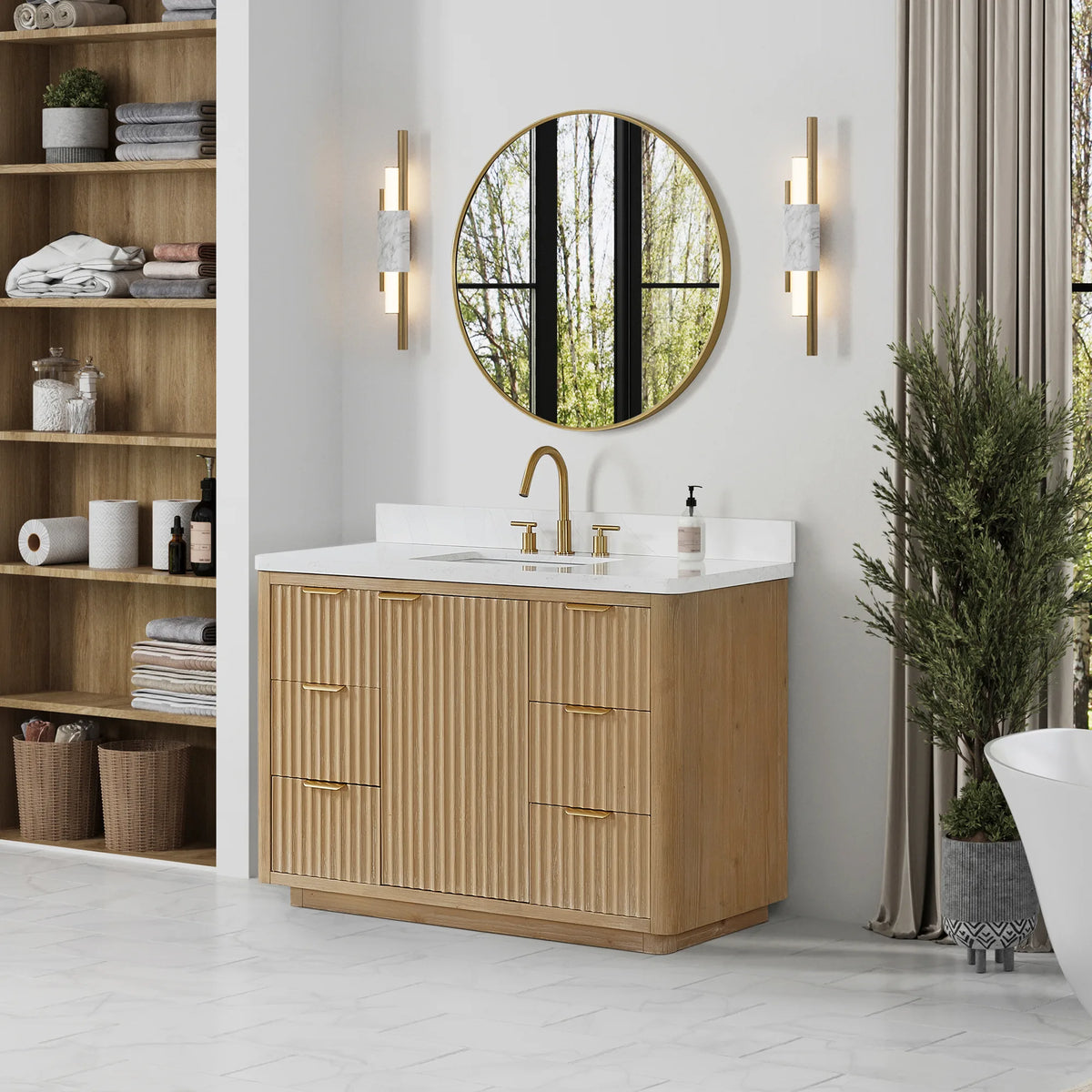 Bathroom scene with the 48 inch single vanity next to a shelving unit and a tall floor plant