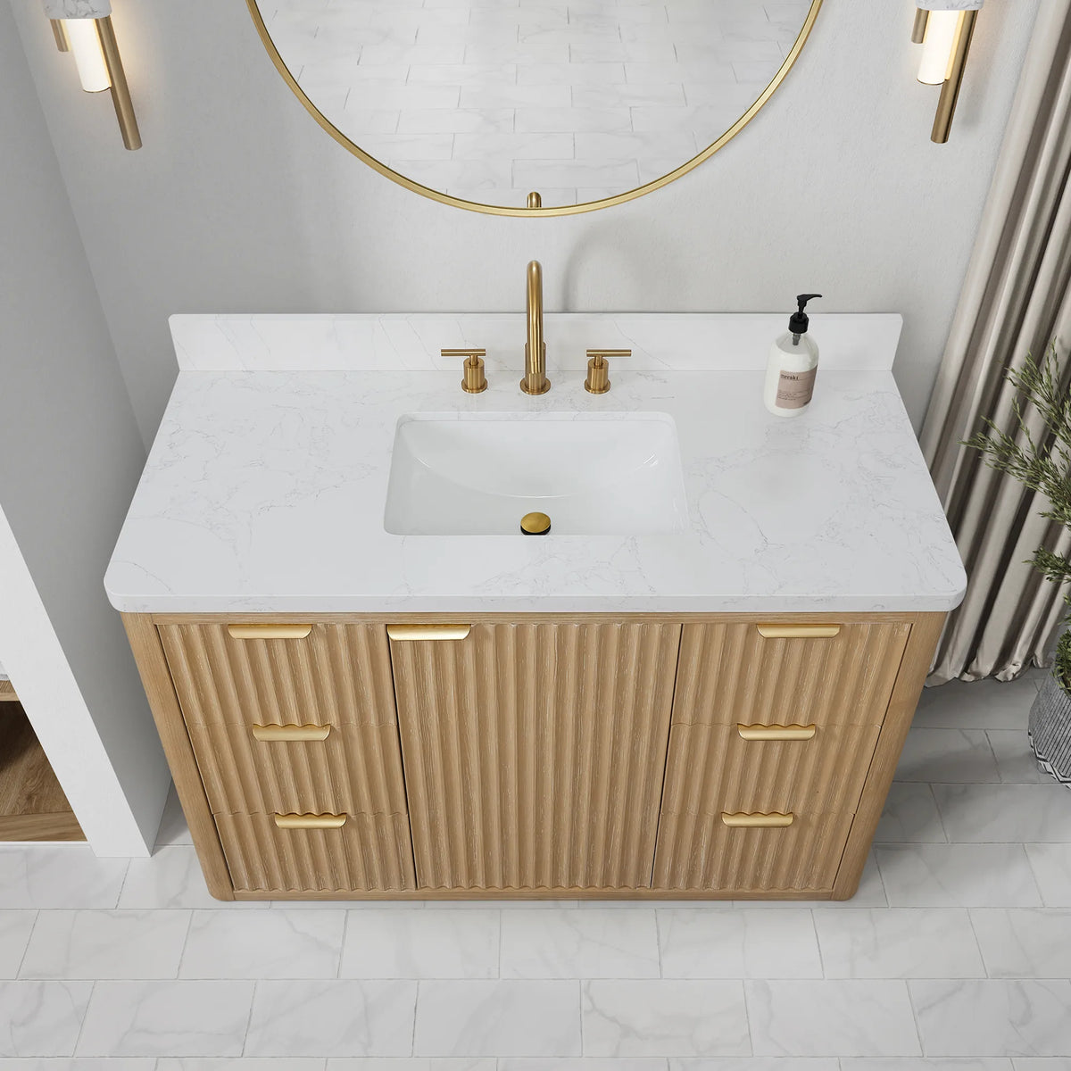 High-angle view of the 48 inch vanity top with a white ceramic undermount sink and widespread faucet