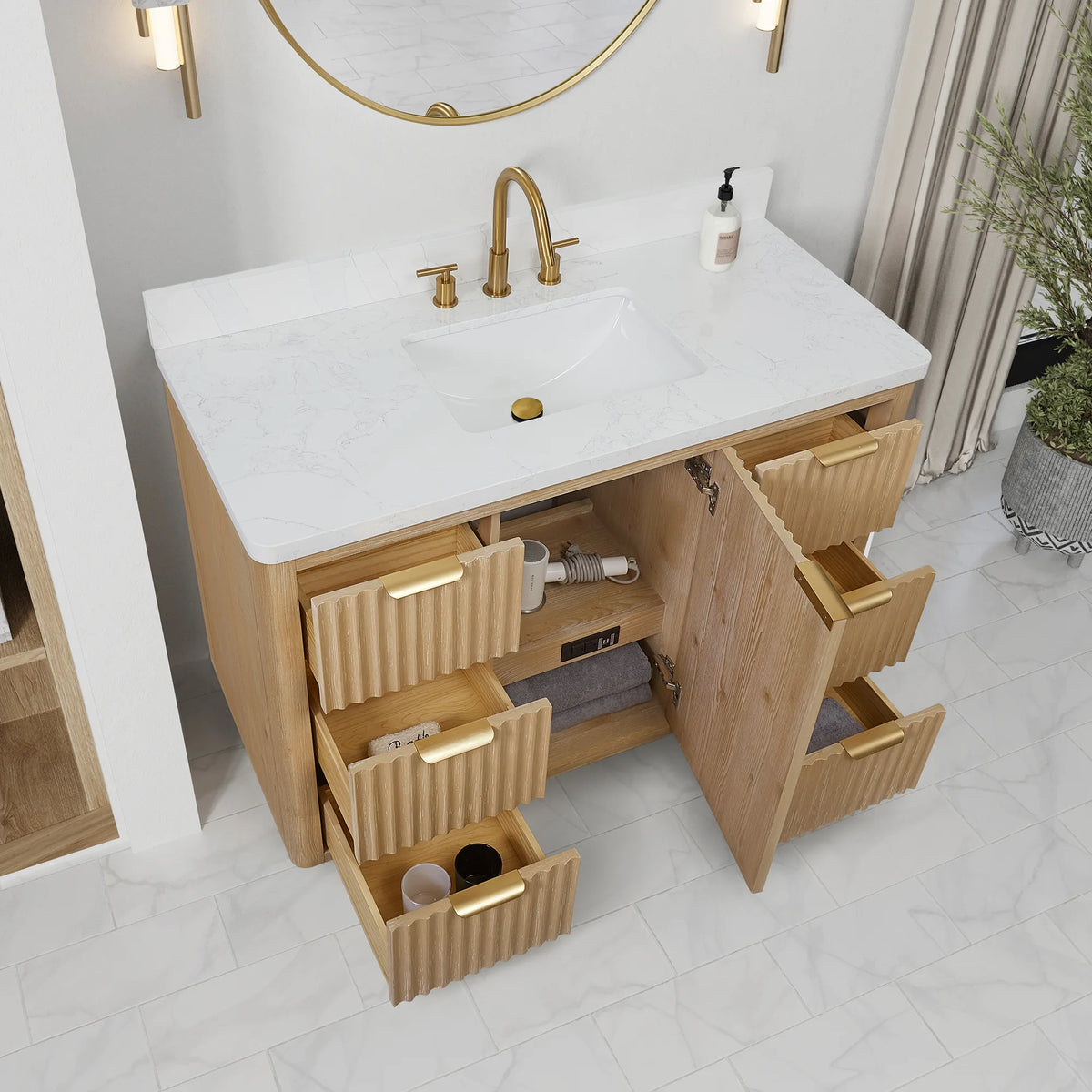Pulled-out drawers and an opened door on the 48 inch vanity, showing the storage inside