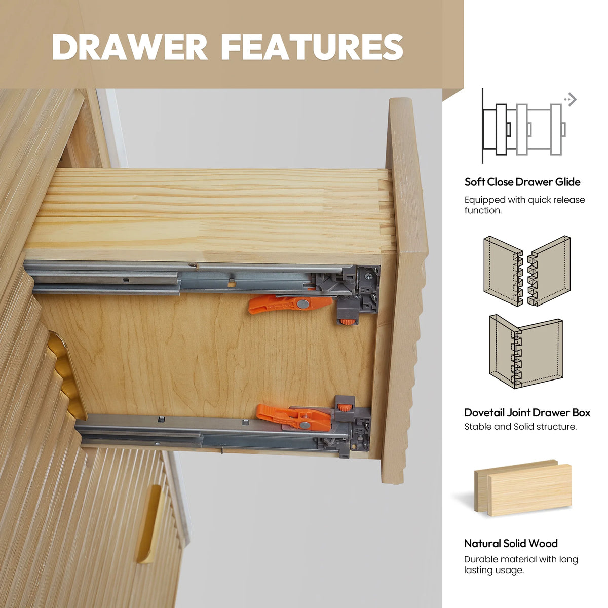 Drawer features: quick-release soft-close glide and dovetail joint drawer box in wood on the 48 inch single vanity
