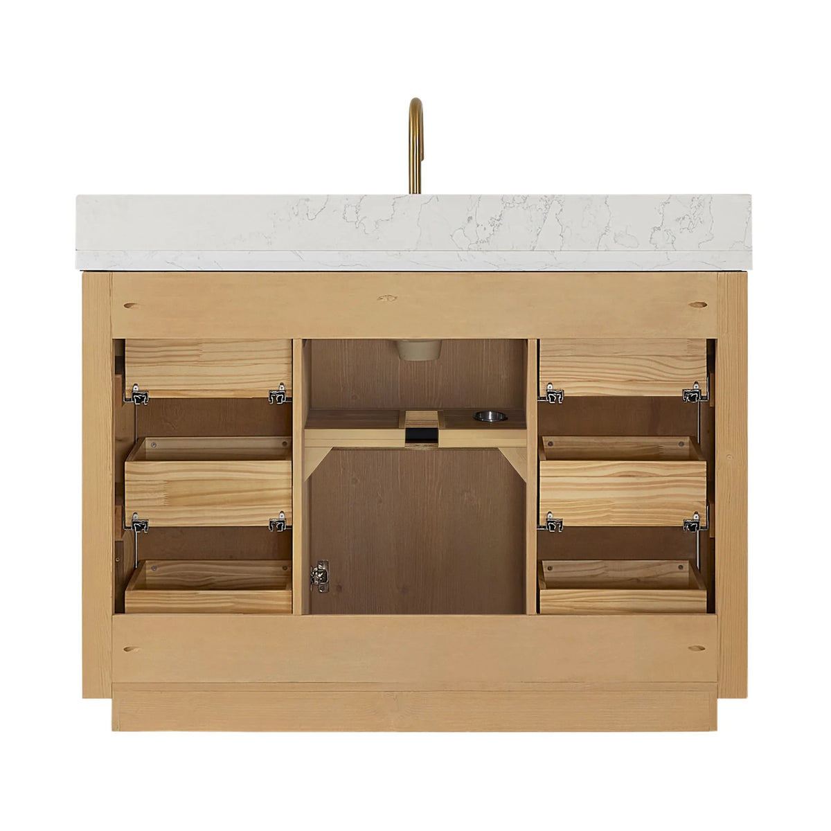 Studio view of the 48 inch vanity with its front open, a faucet displayed on the top