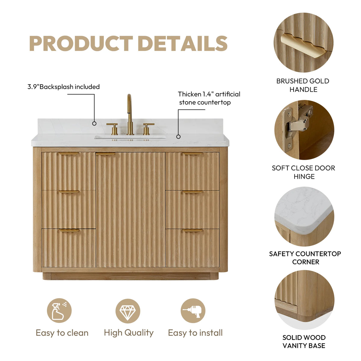 Product details sheet: backsplash, stone top, Brushed Gold handle, safety corner, wood base