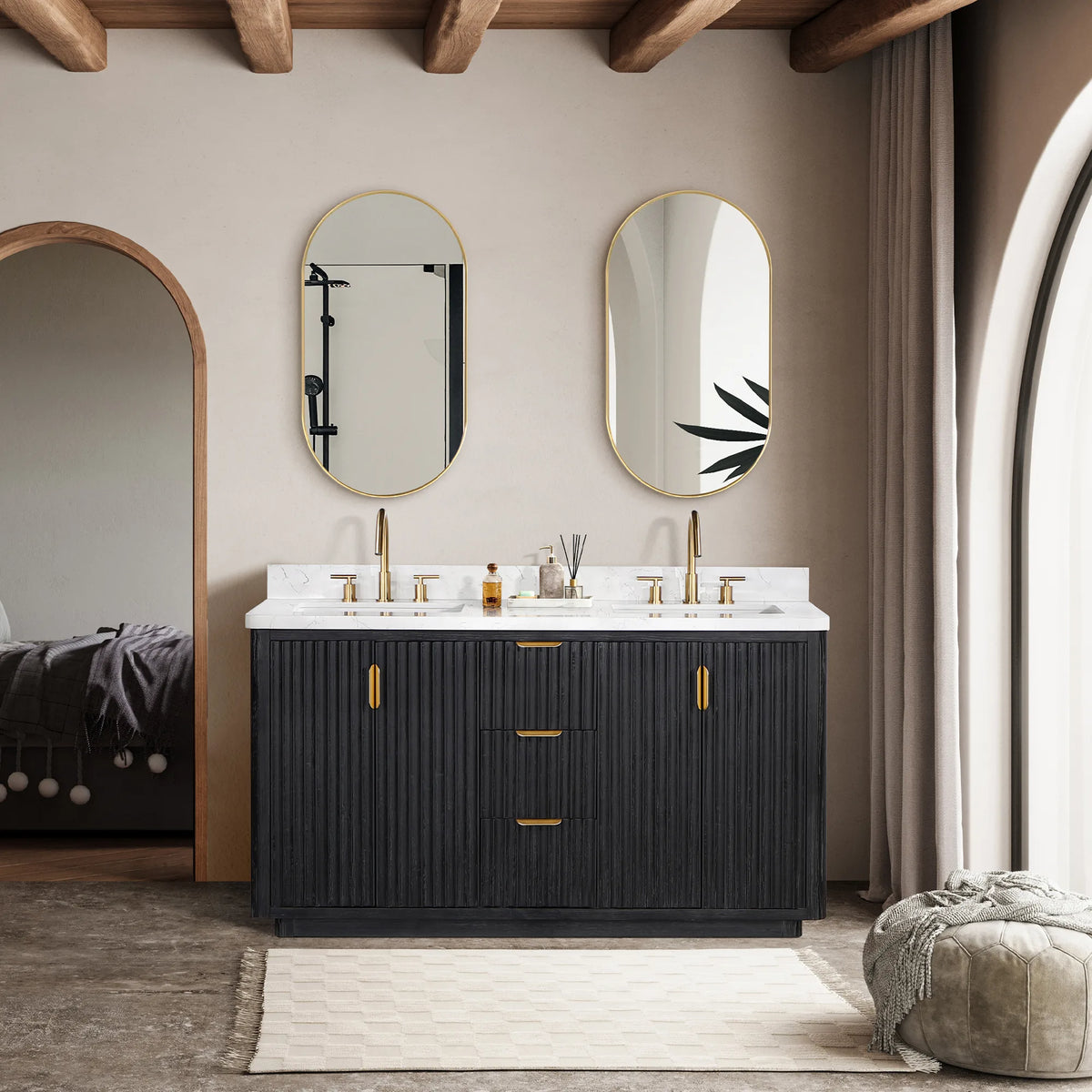 Styled room: 60 inch Fir Wood Black double vanity under two oval mirrors, with a rug and a pouf at the right