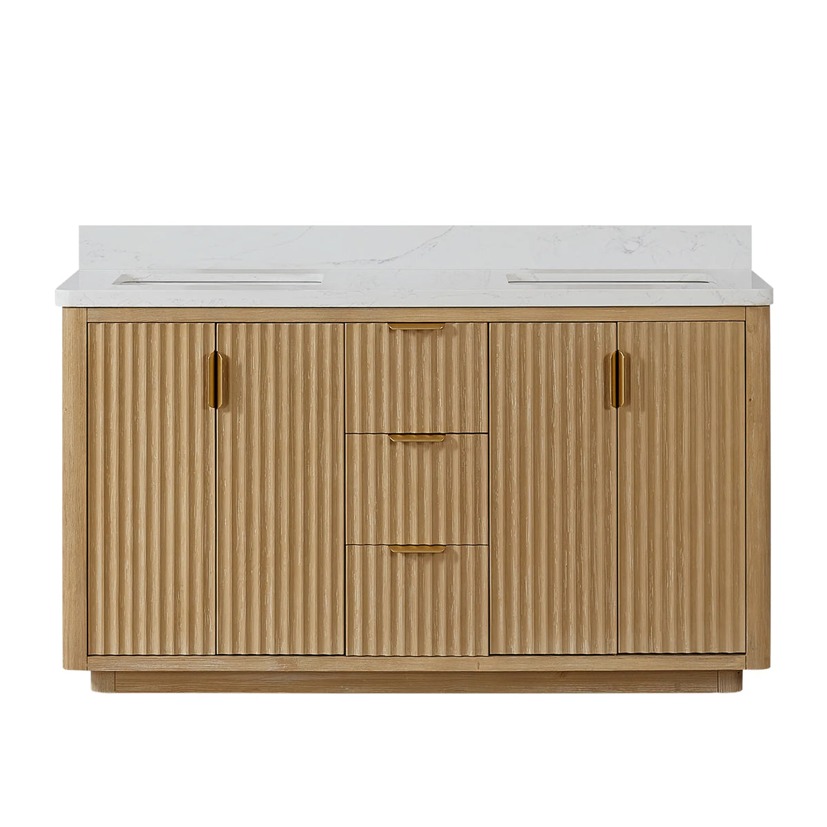 Freestanding Washed Ash Grey 60 inch double bathroom vanity with Lightning White composite top and backsplash