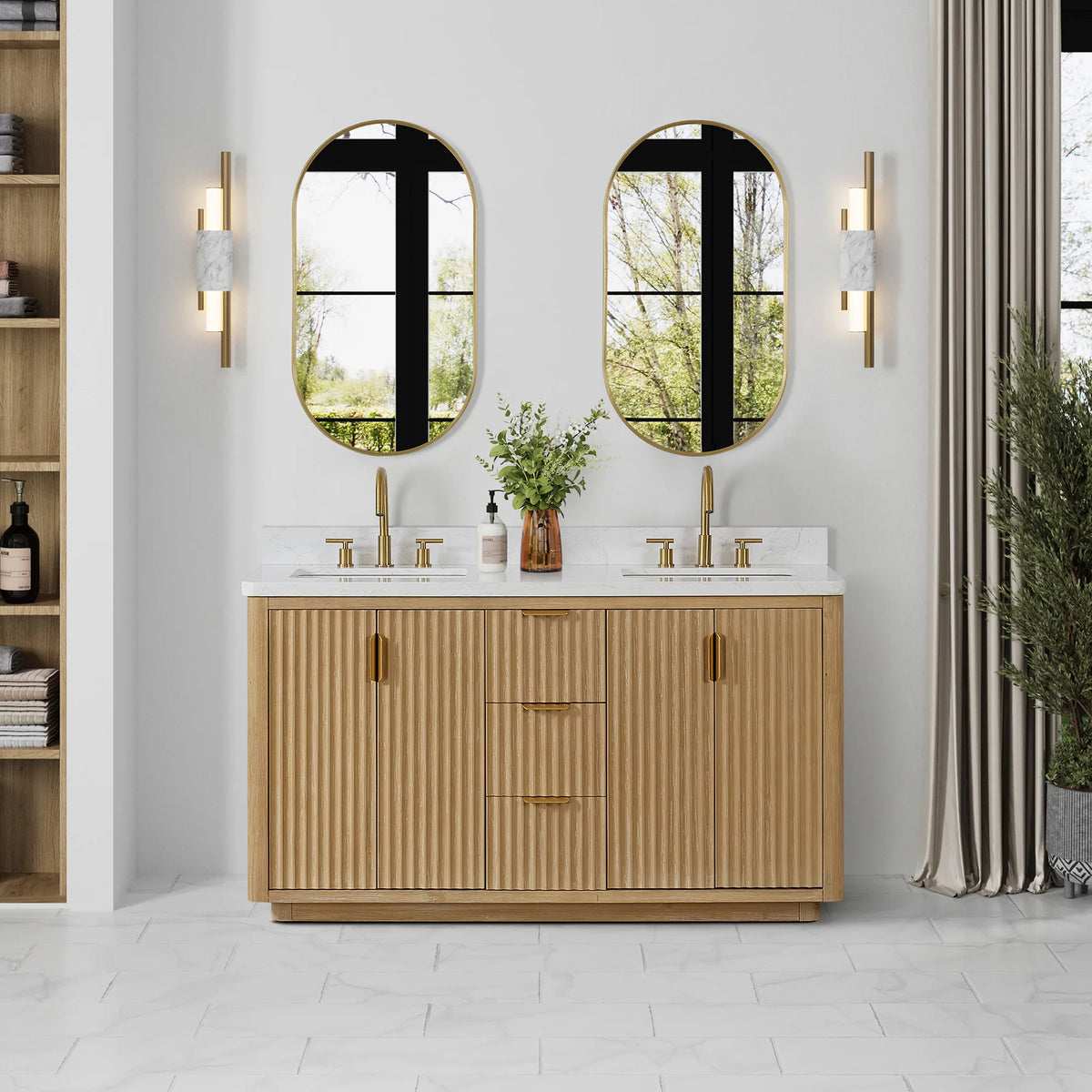 60 inch wood double vanity in a bright bathroom with oval mirrors, a shelf unit and a floor plant