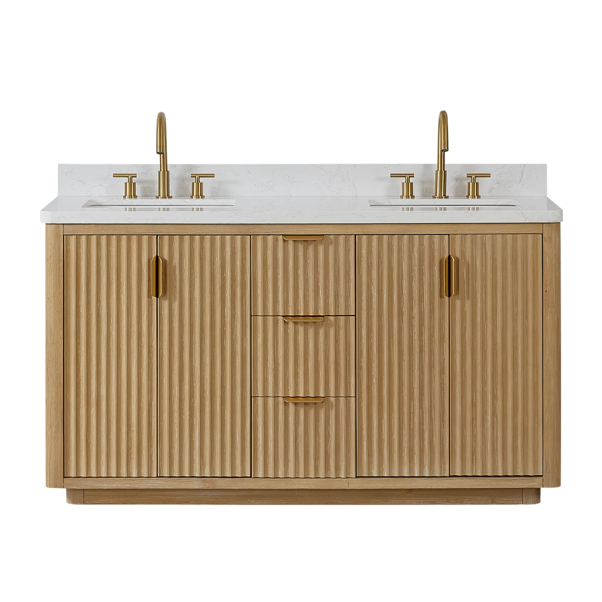 Studio front view of the 60 inch vanity with displayed faucets on the Lightning White top
