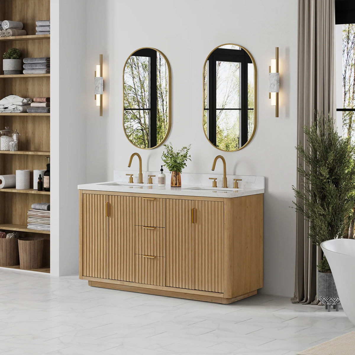 Bathroom scene with the 60 inch double vanity next to a shelving unit and a tall floor plant