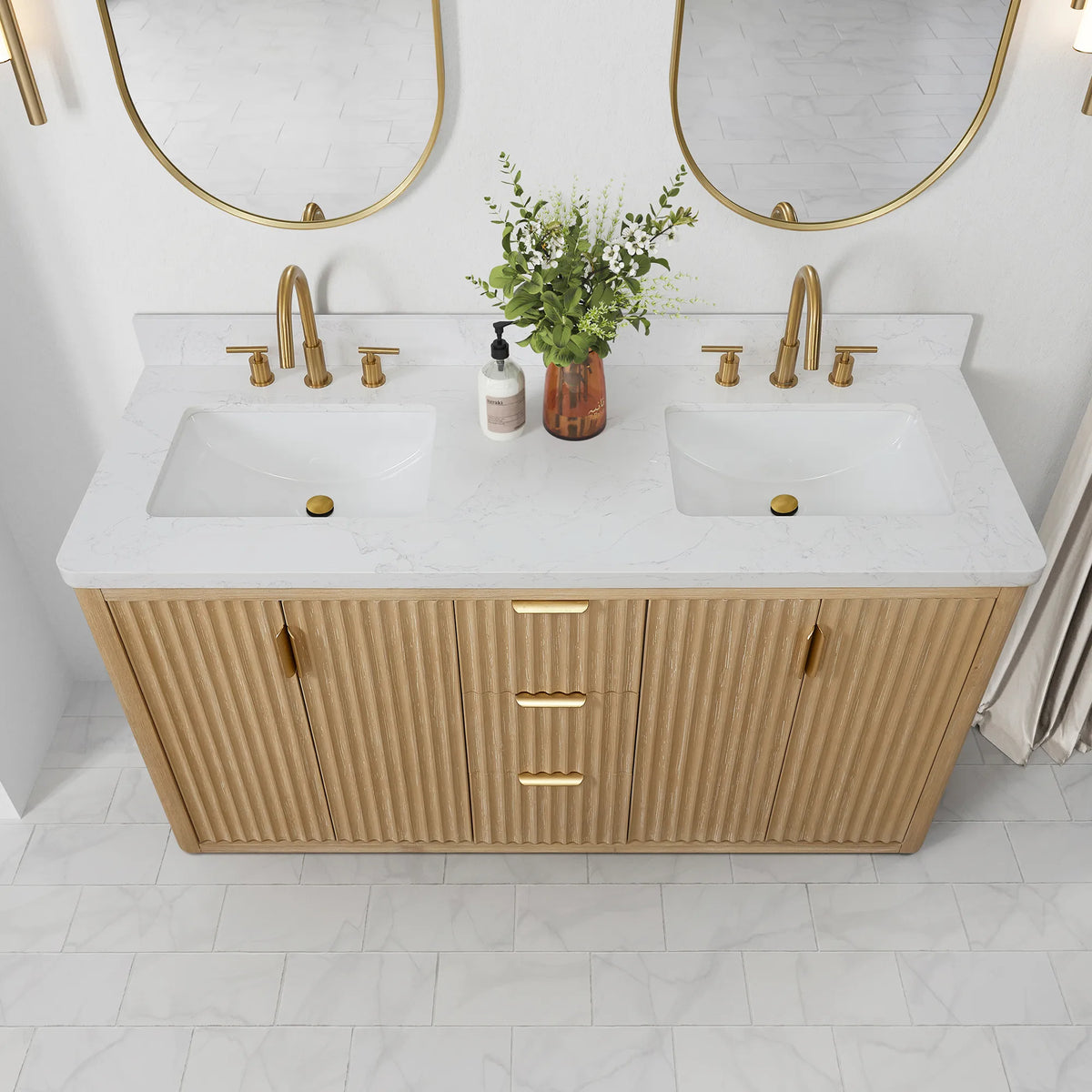 High-angle view of the 60 inch vanity top with white ceramic undermount sink and widespread faucets