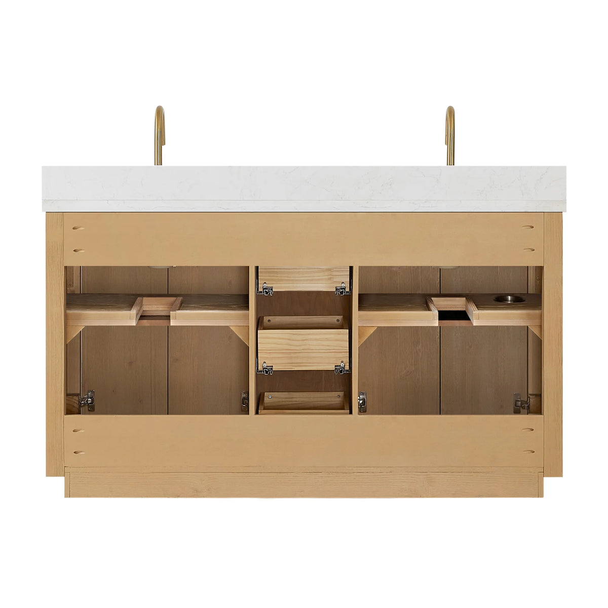 Studio view of the 60 inch vanity with its front open and faucets displayed on the top