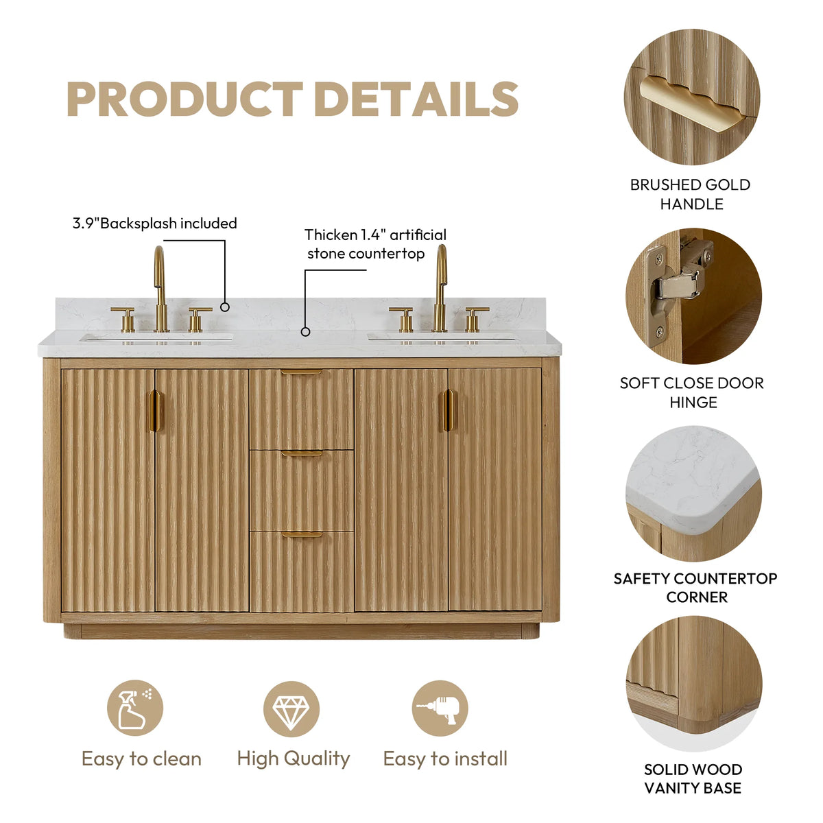 Product details sheet: backsplash, stone top, Brushed Gold handle, safety corner, wood base, 60 inch double vanity