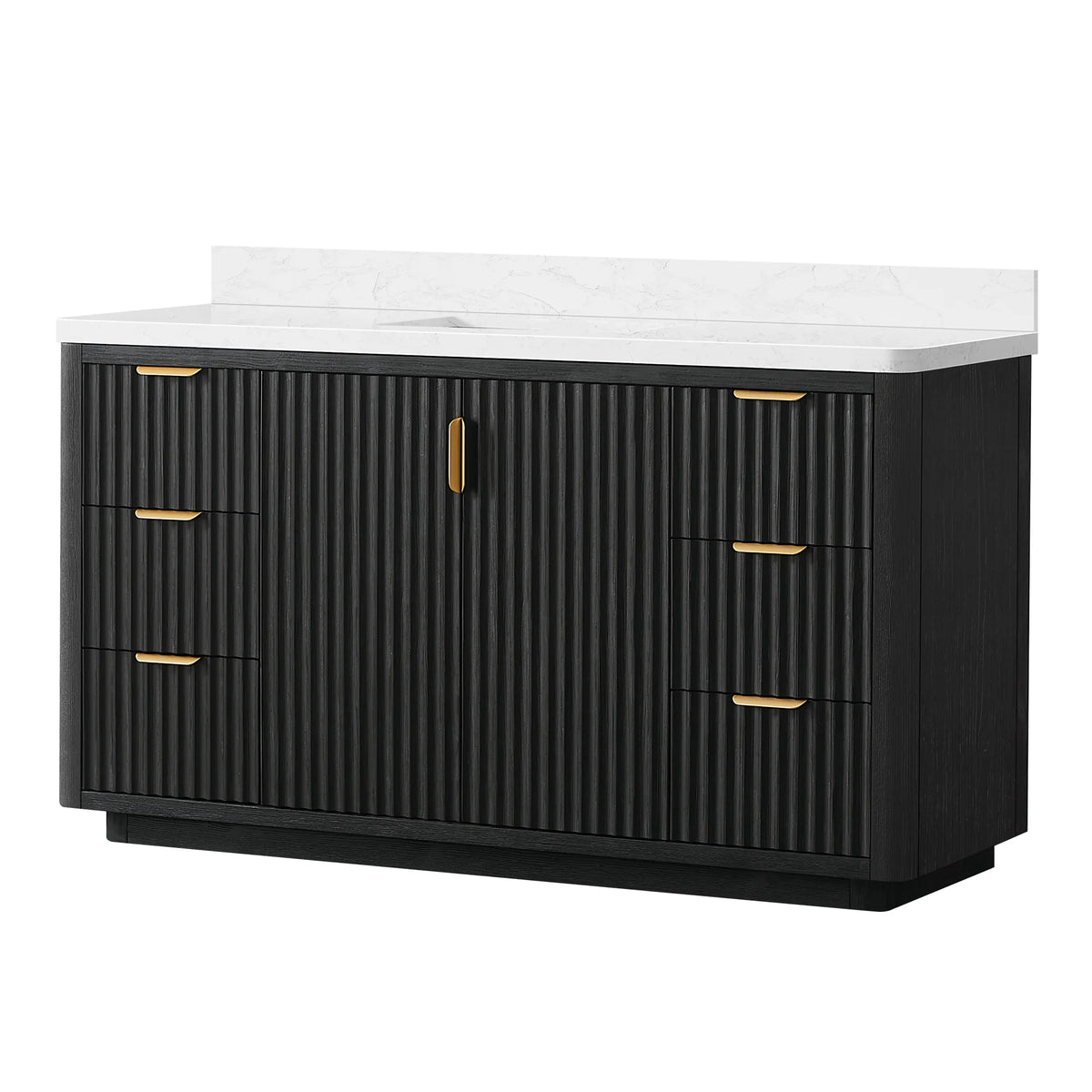 Fir Wood Black 60 inch single bathroom vanity with composite top and backsplash, fluted front, studio view on white