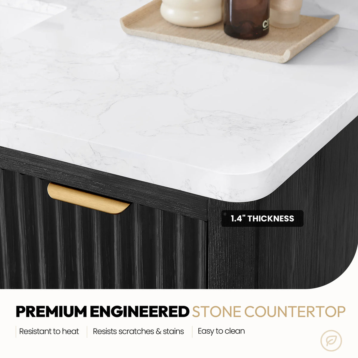 Countertop callout: composite stone top edge, resistant to heat and scratches, easy to clean