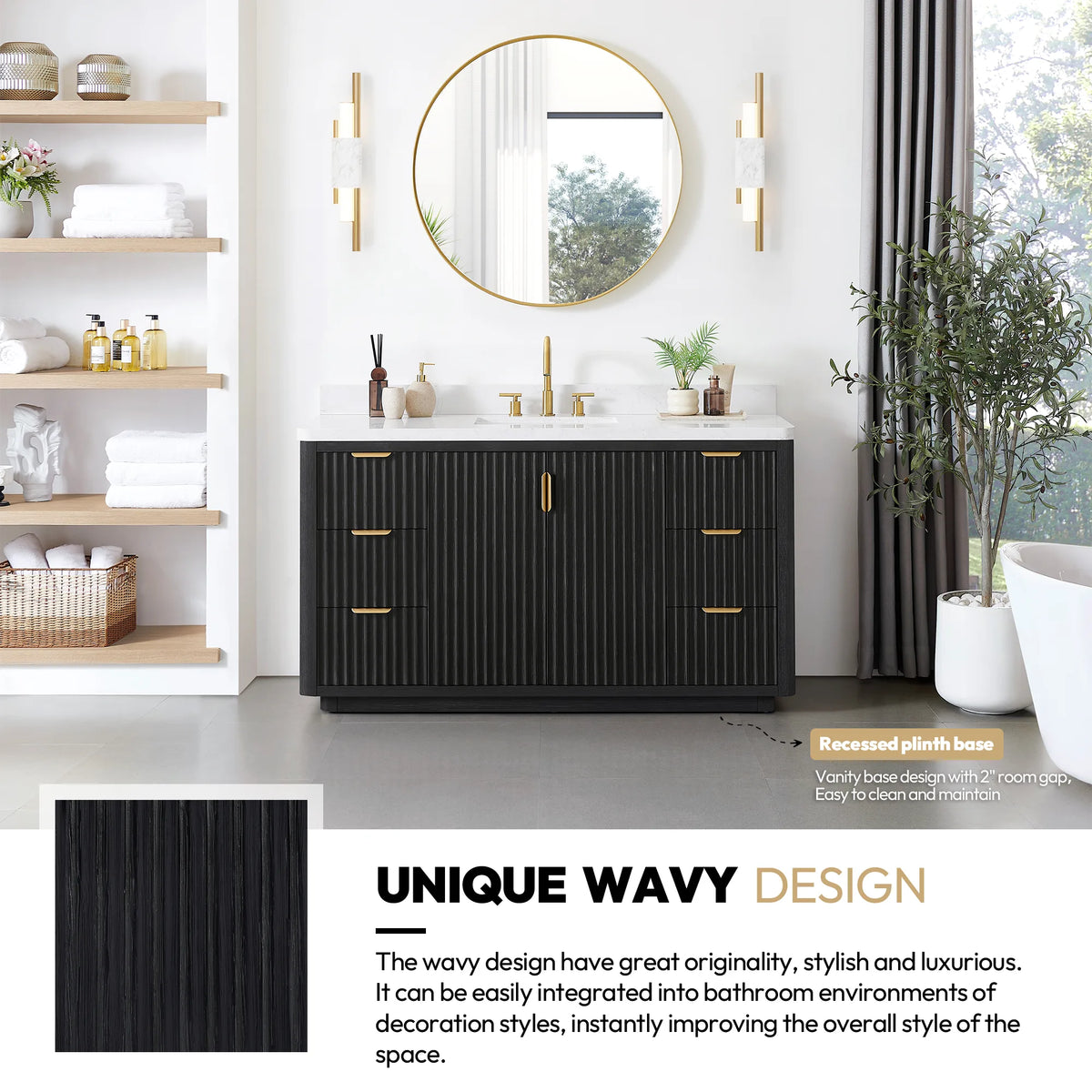 Unique wavy fluted design callout, with the 60 inch vanity beside a window in the room scene