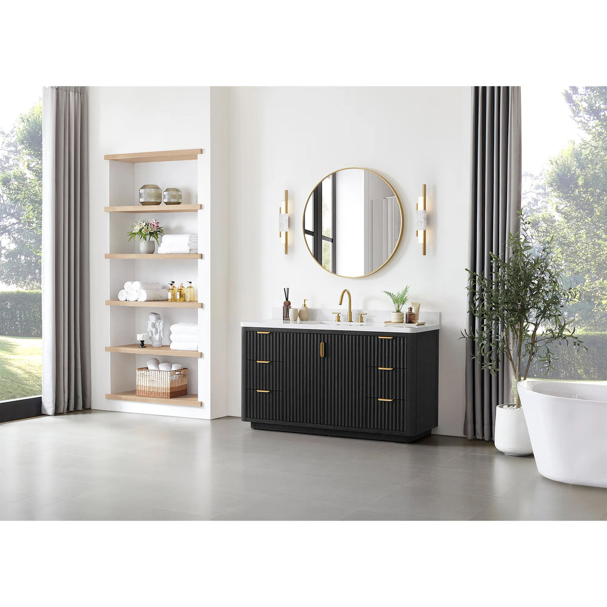 Wide room view: 60 inch Fir Wood Black vanity under a circular mirror, with a recessed shelf unit and a bathtub nearby