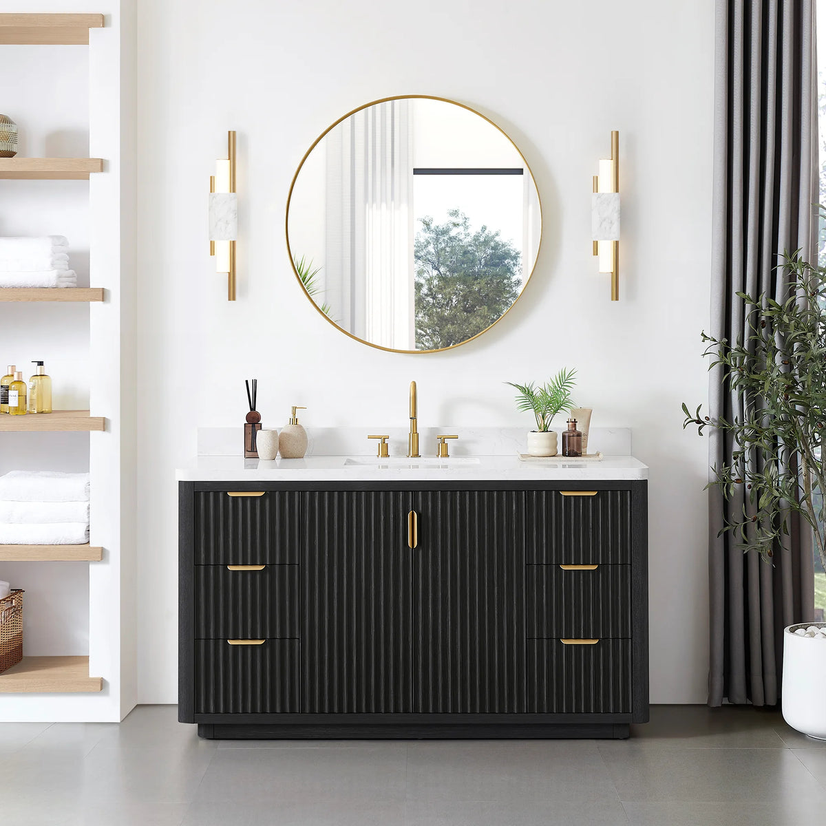Room scene: 60 inch single vanity below a mirror, with curtains behind