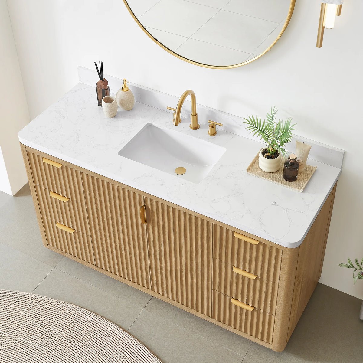 Overhead angle of the 60 inch vanity top with white ceramic undermount sink and widespread faucet