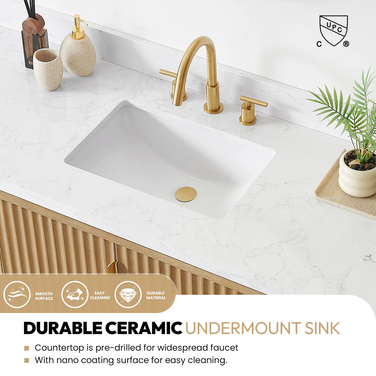 Callout on the durable ceramic undermount sink in the Lightning White composite stone top