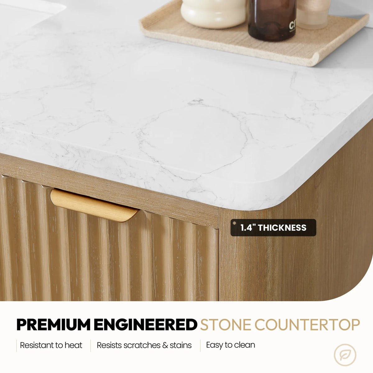Engineered stone countertop callout: resists heat and scratches, easy to clean
