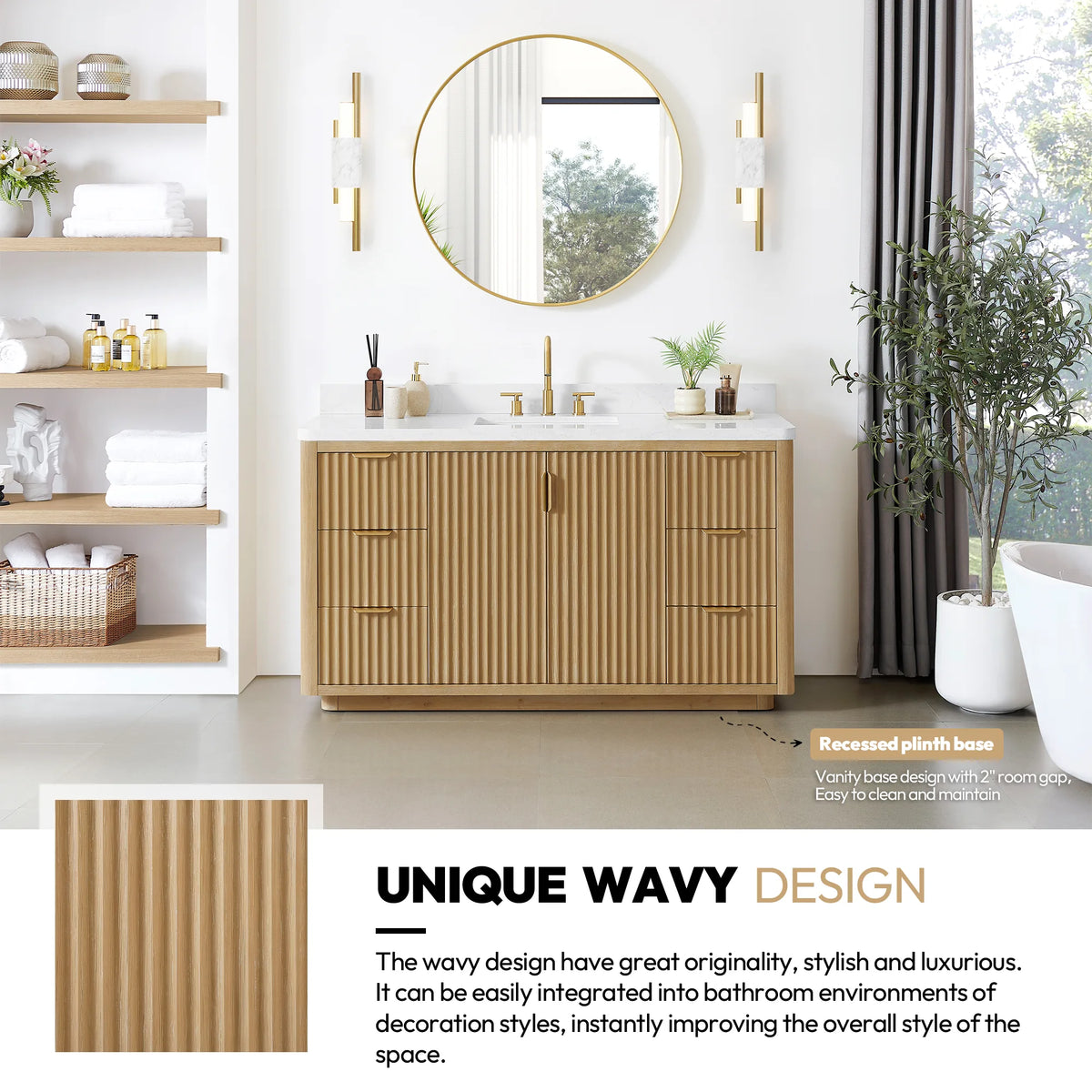 Unique wavy design callout over a room scene with a tub and the 60 inch vanity