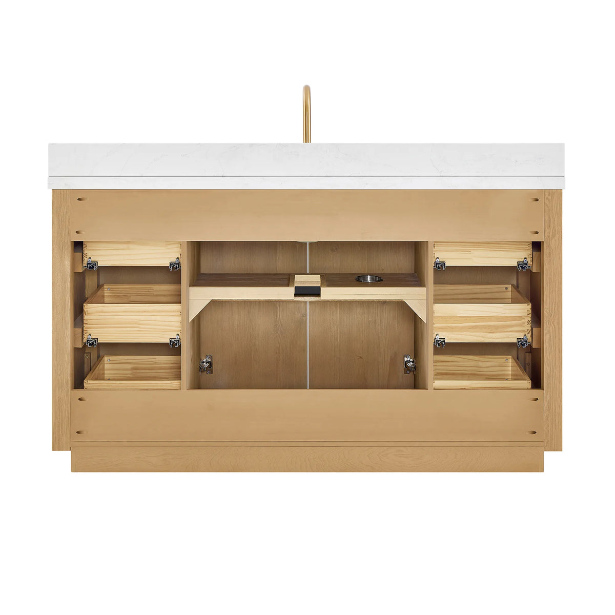 Studio view of the 60 inch vanity with its front open and drawer boxes at both ends
