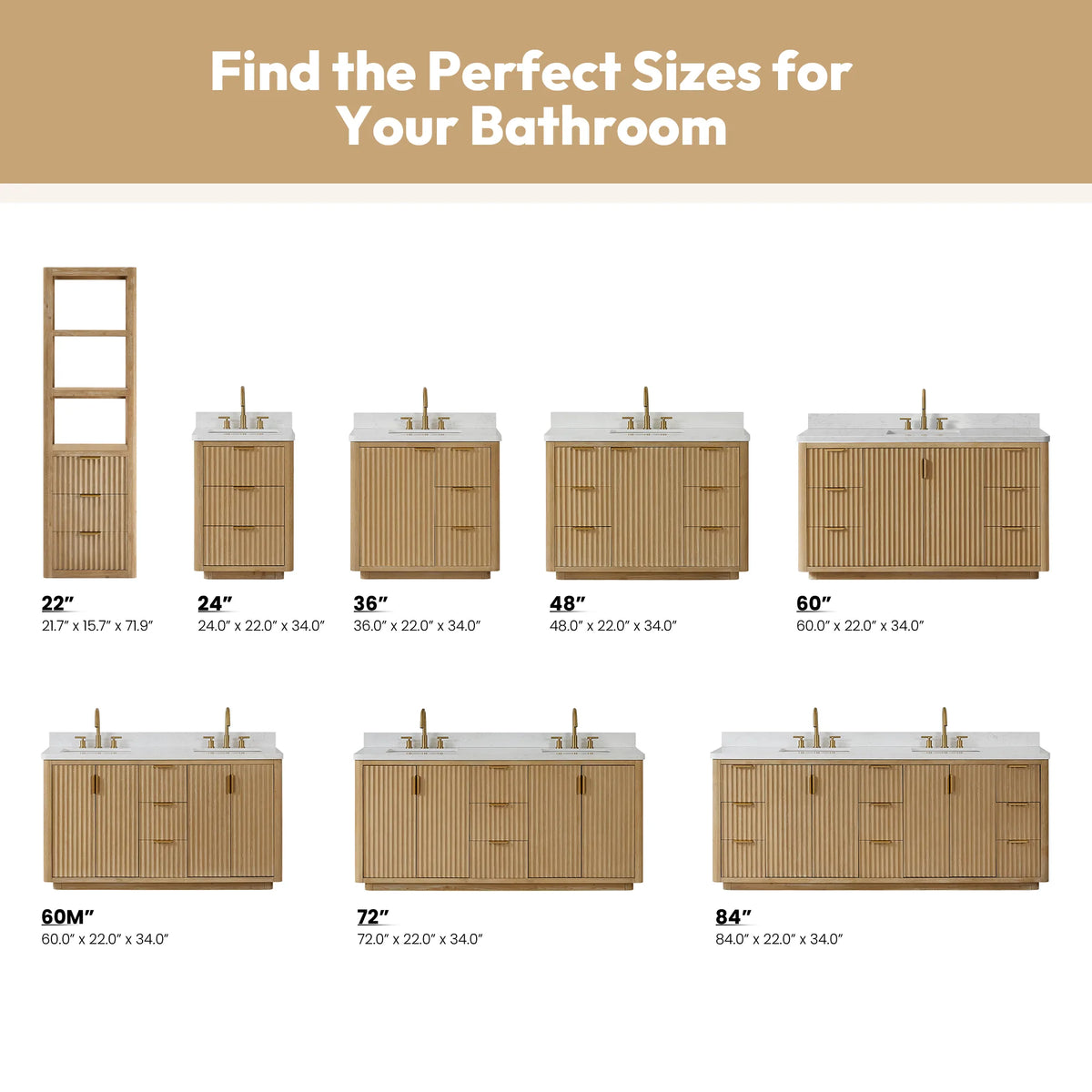 Size guide chart showing every vanity width next to a tall cabinet