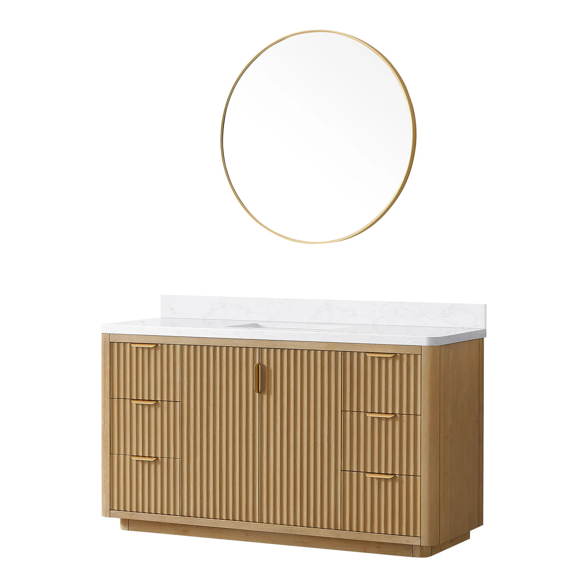 Washed Ash Grey 60 inch single vanity with its circular aluminum-framed mirror, studio view