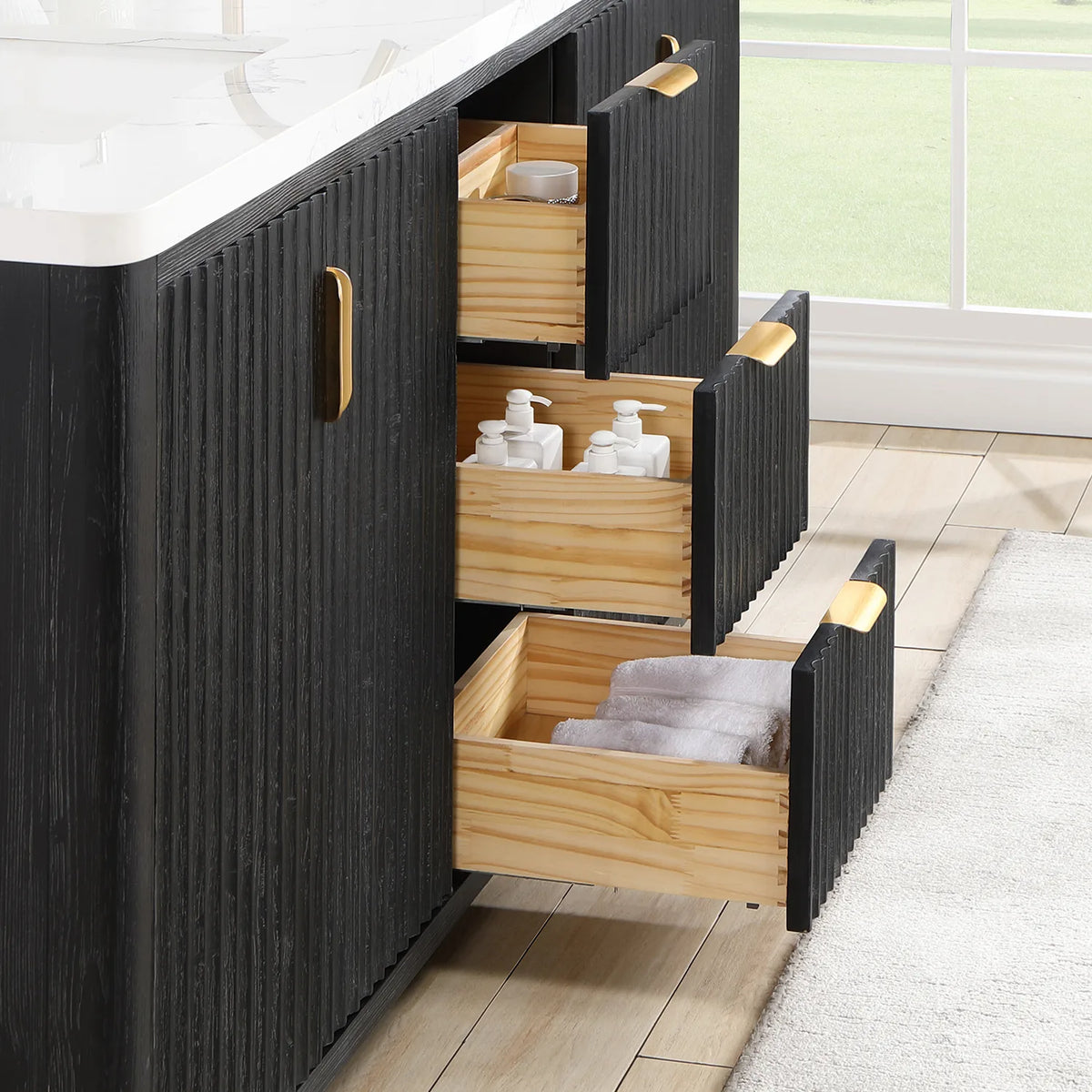 Open drawers on the 72 inch Fir Wood Black vanity from the side, with wooden drawer boxes and a lawn beyond the window