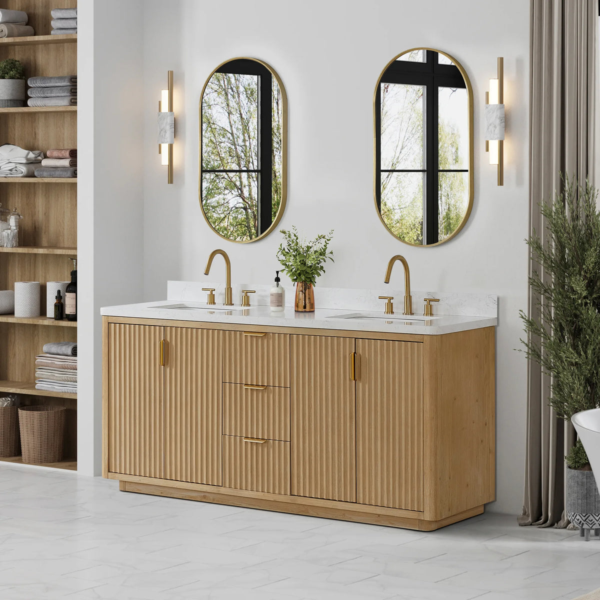 Bathroom scene with the 72 inch double vanity beside a tall shelving unit and a floor plant