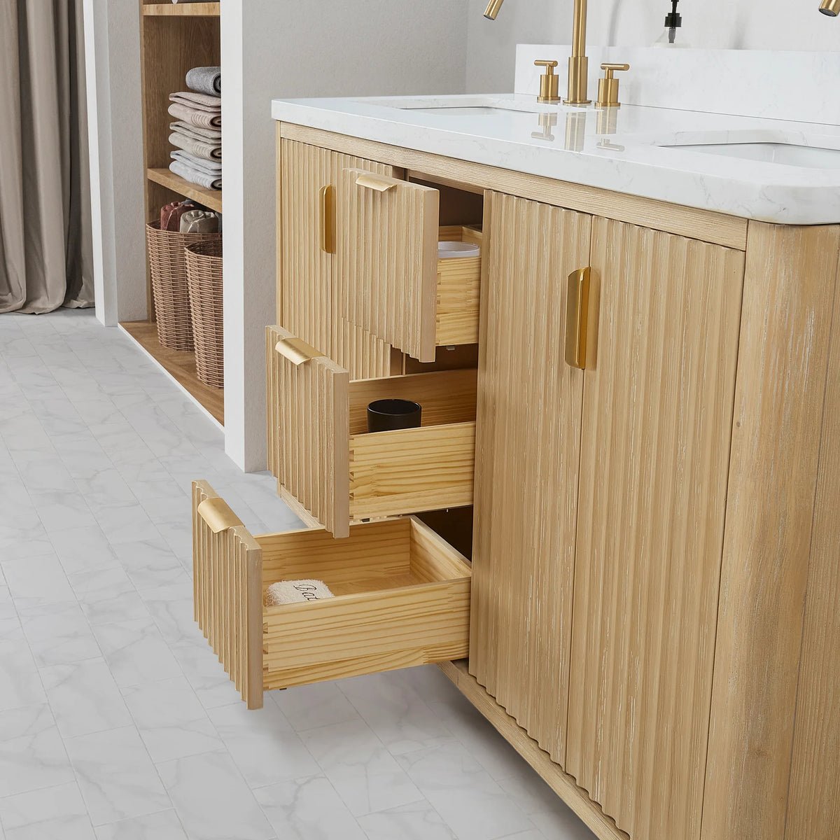 Corner view of the 72 inch vanity with pulled-out drawers beside a door front