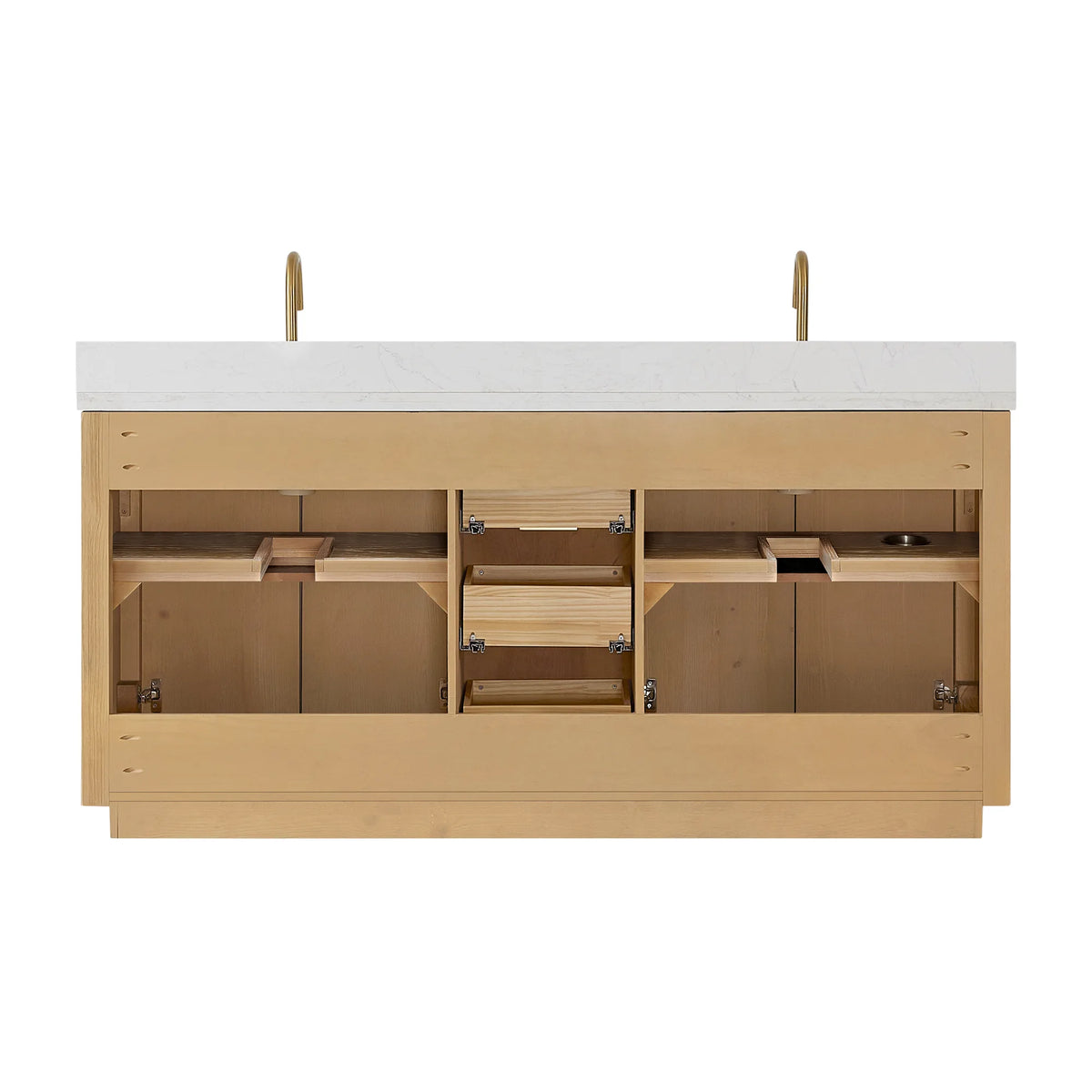 Studio view of the 72 inch vanity with its front open and faucets displayed above