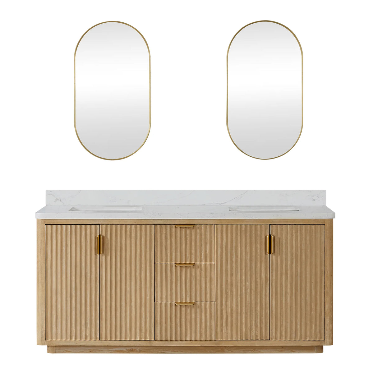 Washed Ash Grey 72 inch double vanity with a pair of aluminum-framed oval mirrors, studio view