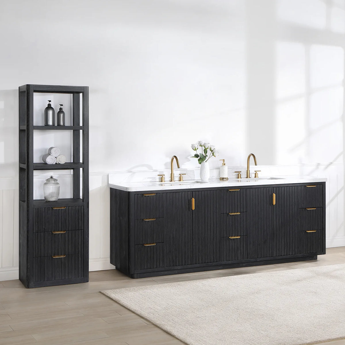 Bathroom scene with the 84 inch Fir Wood Black double vanity beside a tall open-shelf unit and a cream rug