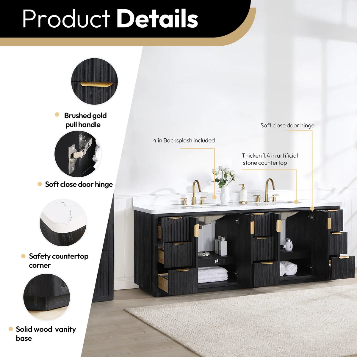 Product details chart for the 84 inch double vanity: brushed gold pull, door, backsplash top, safety corner, base
