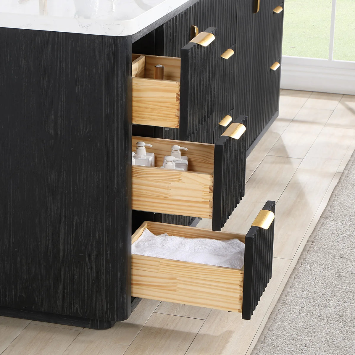 Side angle on the open drawers of the 84 inch Fir Wood Black vanity, showing the wooden drawer boxes